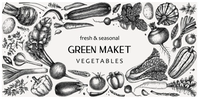 Hand-drawn vegetables vector illustrations. Hand-sketched healthy food collection. Vintage edible plants hand-drawings. Fresh vegetables sketches in engraved style. Design elements for menu or banners